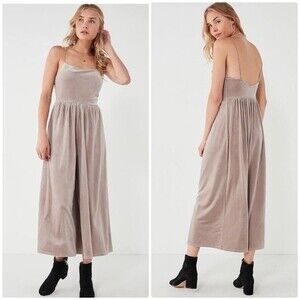 Urban Outfitters Square Neck Spaghetti Straps Velvet Taupe Beige Leg Jumpsuit XS